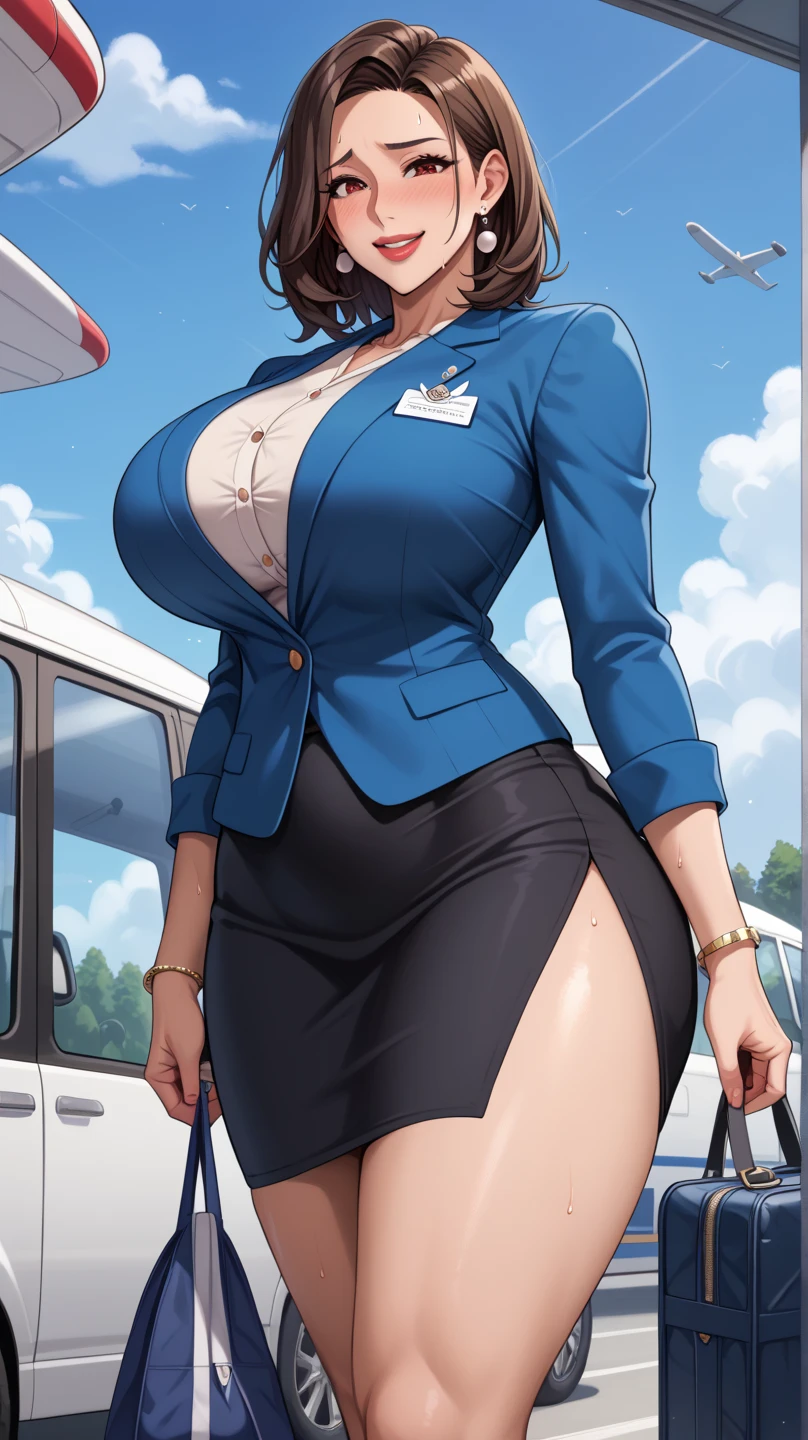 (Best quality, 8k, 32k, Masterpiece, UHD:1.2),Photo of Pretty Japanese woman, ((1 girl)), ((solo)) (medium-short dark brown hair), double eyelid, large breasts, breast cleavage, naked with sexy cabin attendant uniform, sexy tight uniform, short sleeve, short skirt, stockings, high heels, standing in airplane, look at viewer, faint smile, from below , crowd passenger