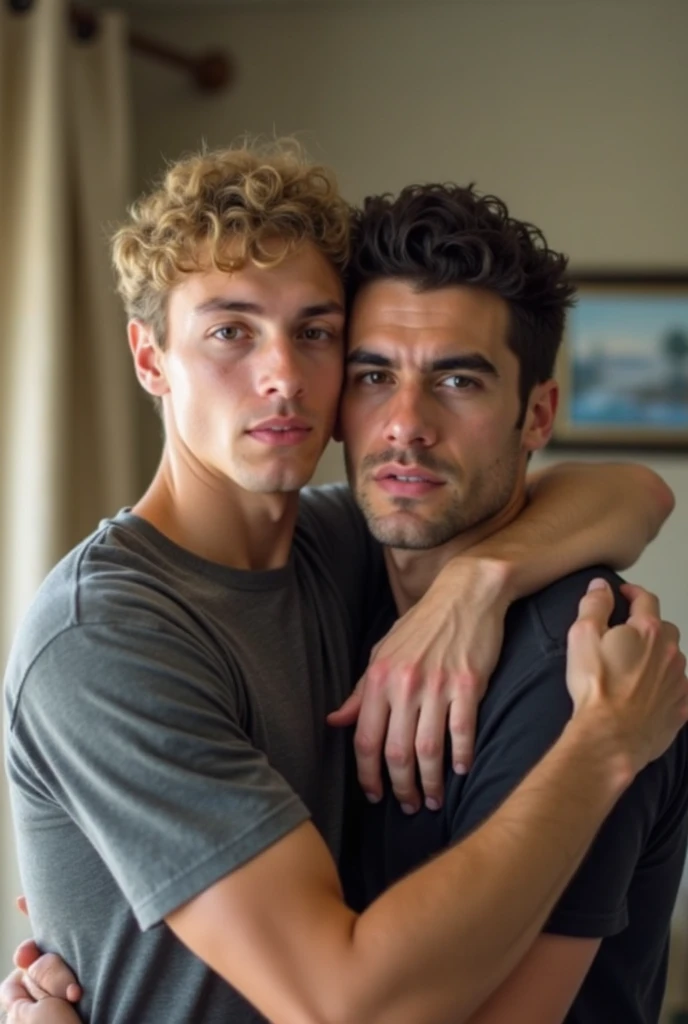 Freckled blonde boy kissing a brown haired boy