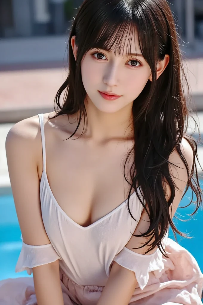 (highest quality, 32k, High resolution, Masterpiece:1.5, ), marimo_jet, god々A photograph with brilliant dazzling and healing power., Evoking a sense of calm and elusive beauty, Expressing emotions, Have a rich imagination, Beautiful Japanese Girls, ((Full shot from the side:1.5)), An exceptionally beautiful face, Small Face Beauty, Perfect Human Anatomy, Magical big eyes, Motherhood and generosity, Deep Love, fleeting smile, ((Colorful, shiny dark brown hair:1.1)), ((Gently swaying super long straight silk hair)), Asymmetrical bangs, Hair between the eyes, Transparent, soft white skin, Sharp eyebrows, Thin lashes, ((Natural Makeup:1.1)), Cheek highlighter, Pale pink detailed lips, ((Pastel painted bikini:1.1)), High resolution perfect collarbone, High resolution beautiful bust, Slim figure with ample breasts, High resolutionの美しい太もも, ((Blue sea and white sand beach:1.2)), Detailed summer sky, Hair that shines in the dazzling midsummer sunlight, Professional Lighting, Professional photographer, Professional models, God's Secret