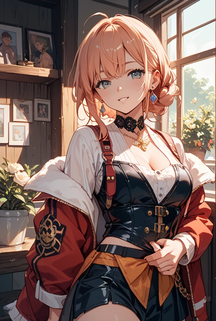 masterpiece, ultra high quality cg, best quality, orange hair, leonie pinelli, short hair, white shirt, garreg mach monastery uniform, black corset, black skirt, clothes around waist, fingerless gloves, hands to hips, smile, wooden table, chandelier, medieval architecture <lora:leonieFireEmblemThree_v1:0.8>