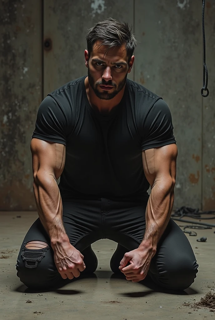 1 man, solo, 48 year old, Chris Redfield, wearing a black T-shirt, smirks, looking at the camera, black color on the shoulder and a bsaa logo on the shoulder, underbelly is naked, erected uncut penis, military tactical suit, equipment, tall and hunk, black boxer, huge bulge, black socks, not wearing any shoe, biceps, abs, chest, best quality, masterpiece, high resolution:1.2, full body shot, dark black gloomy hallway with not background