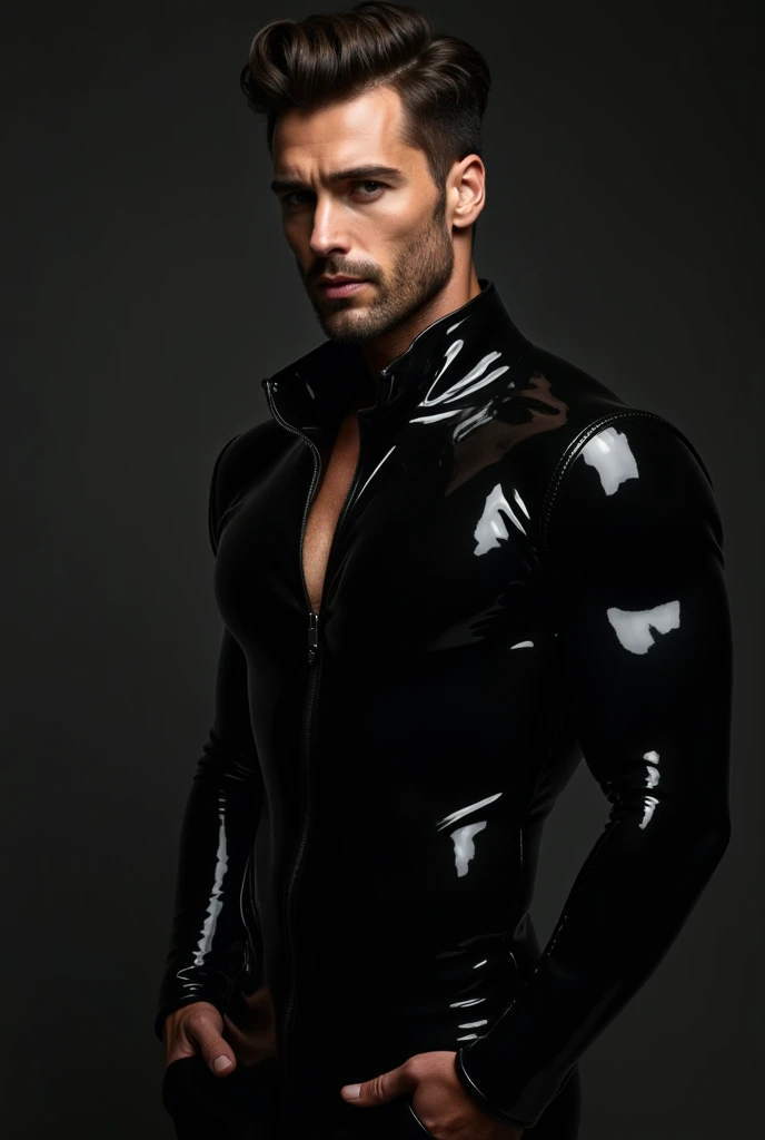 The image shows a man with a sensual and seductive appearance, wearing a tight black latex bunny suit. The suit highlights his contours and muscles, while its design evokes a mixture of playful and provocative. The man has a confident and provocative posture, with an intense and seductive gaze that invites the viewer closer. His dark and piercing eyes are accentuated by subtle yet striking makeup. His hair is elegantly styled in a carefree manner, adding a touch of sophistication to his look. In his hands, he holds some accessories that complement his bunny outfit, such as black ears and a small tail. The lighting in the image highlights his features and gives him a mysterious and enticing look. In the background, elements can be seen suggesting a festive or nightclub ambiance, adding an attractive and suggestive context to the scene.