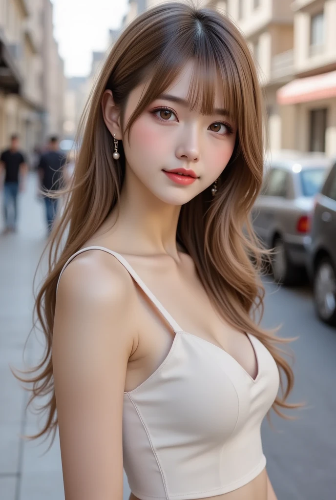(Close-up:1.4)、(RAW photo:1.2)、(photorealistic:1.4)、(masterpiece:1.3)、(highest quality:1.4)、(Beautiful woman with perfect body:1.4)、(perfect anatomy:1.2)、beautiful college girl、muste piece、Makeup is light、red lips、silver hair、messy long hair、street background、Beautiful、elegant、Ultra-fine detailaster works、texture of reality、cinematic lighting realism、perfect job、8K、exquisite facial features、white tight open cut top、transparent white tight shorts、slimming、bright big eyes、earrings、necklace、