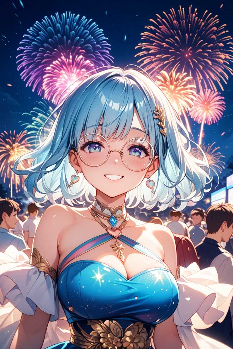 masterpiece, best quality, highly detailed, detailed background, girl, blue hair, multicolored hair, orange highlights, leaning forward, excited, regal dress, choker, hyper excited, celebration, (fireworks:1.2), night sky, stars, "Happy New Year!", neon glow