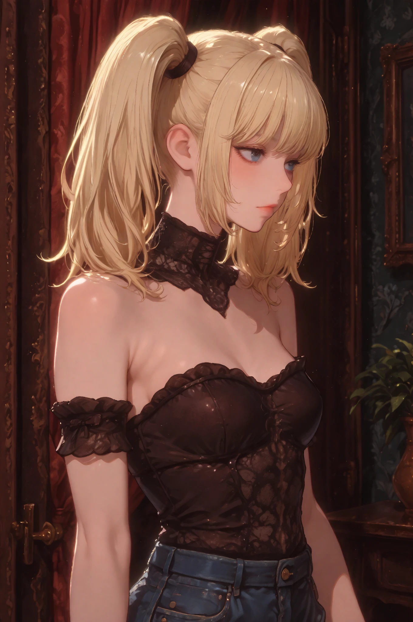 There was one girl with shiny skin in the bedroom， sexyposture，best qualtiy，tmasterpiece，（Photorealsitic：1.4），breast enhancement,reality,offcial art,The 8k quality,Super Detail,Fine detail skin,Movie angle,Cinematic textures,Movie Lighting,masutepiece,The highest image quality,1 girl,Vermilion lips,hair messy,showing   panties,pantyshot,Big Mimi，crisp breasts，Underbust,1girll,????? whole body,Black stockings,Race Stock,garterbelts,upper limbs,Lace, Girls black stockings, (close up), ((cleavage)), looking at viewer, blonde hair, ((small breasts)), (portrait), make up