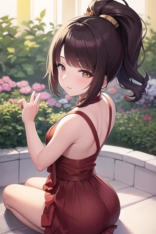 hajime, 1girl, red dress, brown hair, rooftop, school, sunset, short hair, hair ornament, smile, (bare shoulders:1.3), ilya kuvshinov, krenz cushart, greg rutkowski, pixiv top monthly, trending on artstation, cinematic, danbooru, zerochan art, kyoto animation