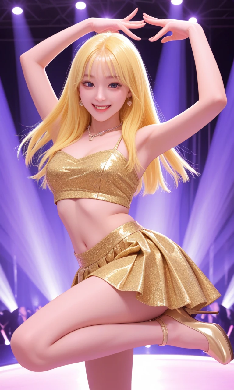 (((Vulgarity)))、(((Close your eyes, Open your mouth wide and stick out your tongue)))、(((On stage)))、Belly dance、spot light、perfectly beautiful face、18 years old beautiful cute 1 person、Sexy, Still young, Cute and beautiful、Beautiful, large pale light blue eyes、Super Long Beautiful Straight Hair、((silky bright blonde hair with a dazzling golden sheen,,,,,,))、long and beautiful bangs、clear double eyelids、eye liner、with round face、bright expression、White beautiful skin、Young luster of cheeks、Innocent look、((The gesture of pulling up the hair)), ((Petite)), ((Little)), ((Flat_Chest)), ((skinny)), ((small ass)), ((slim thigh)), 独奏,