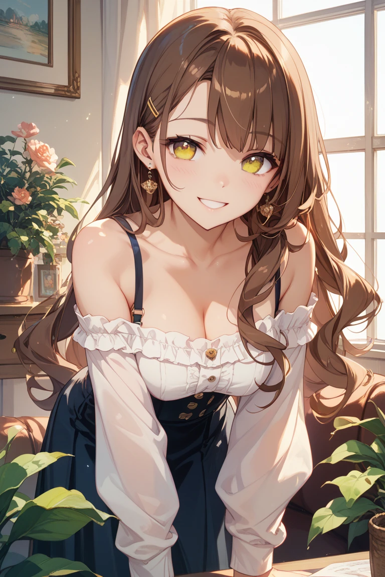 Girl with long hair of light chestnut color、hightquality、cleavage of the breast、a smile、look up to、up of face、Alone