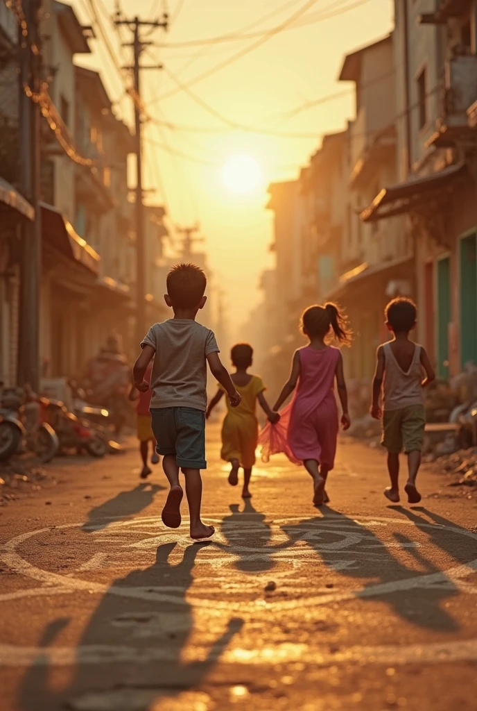 Boy in slippers being beaten by a gang of children