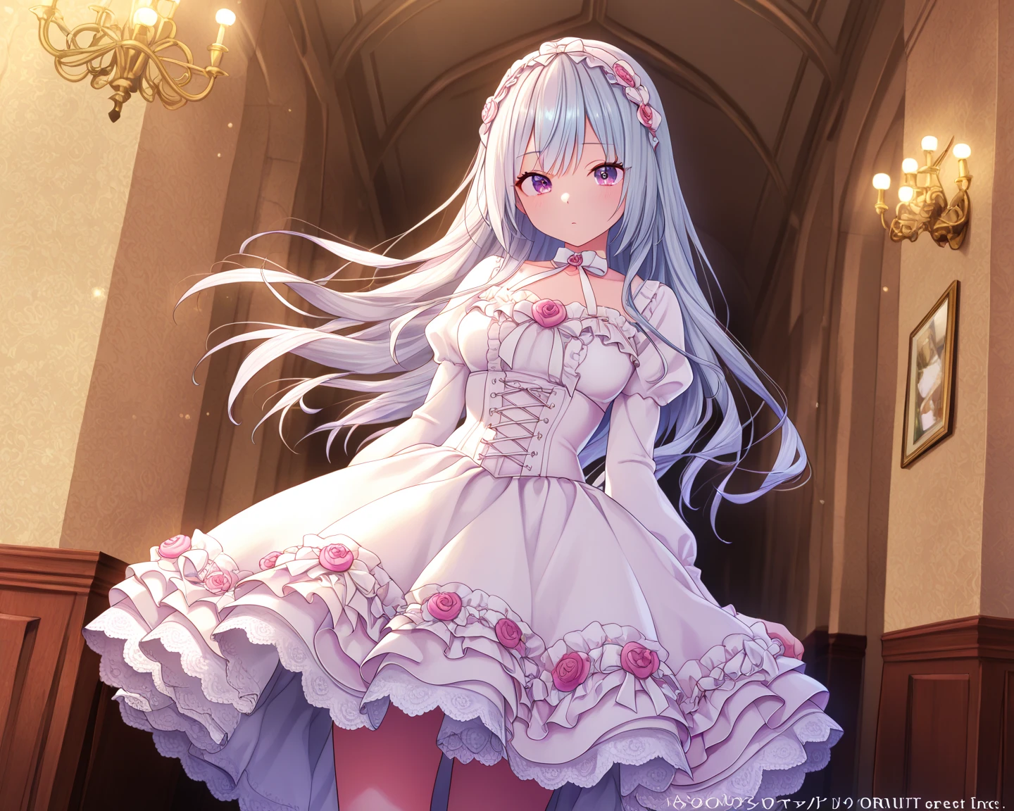 High detail, Heart-shaped pupils，white wedding gown，Love pupils，cropped shoulders，Lots of hearts，Slender maiden,highly rendered，detailed face with，white stockings，hason，