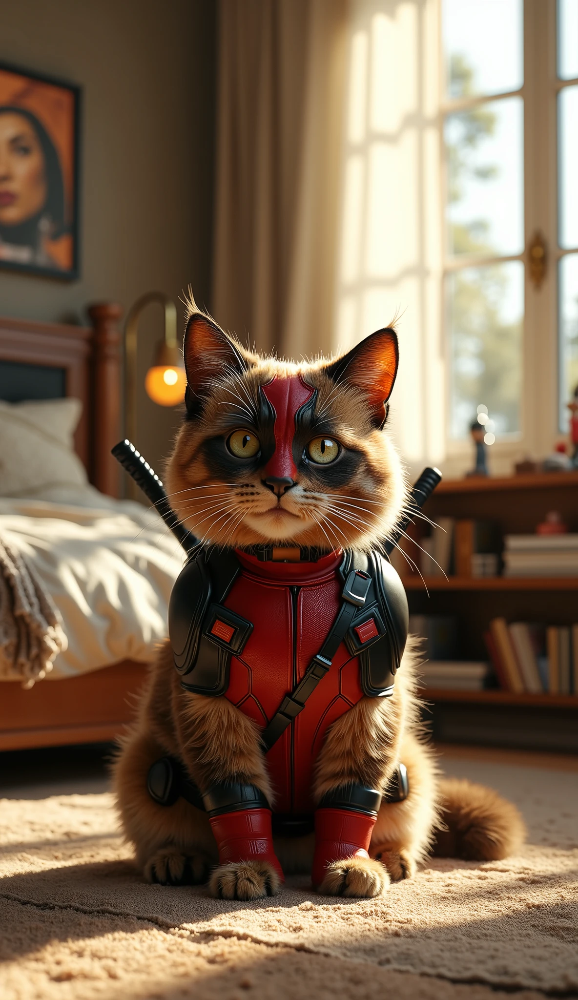 A hyper-realistic, ultra-HD image of an irresistibly cute, fluffy cat dressed in a perfectly tailored Deadpool suit — deep crimson red and matte black panels with crisp white eye patches, detailed leather textures, precise stitching, and a snug fit adapted for feline anatomy, including tiny ear cutouts and a tail sleeve. The cat is sitting confidently at the center of a beautifully decorated modern bedroom, bathed in warm, soft sunlight streaming through large windows with sheer curtains gently flowing in the breeze. The room is filled with cozy and detailed elements — a neatly made bed with plush pillows and a thick blanket, books and action figures on a wooden shelf, a small nightstand with a glowing lamp, and subtle superhero posters on the wall. Light reflects naturally off polished furniture surfaces, and the cat’s fur and costume textures are rendered in ultra-sharp detail. The overall atmosphere blends cinematic elegance and heartwarming cuteness, with perfect lighting, balanced depth of field, vivid colors, and a photorealistic style worthy of a high-end film still.