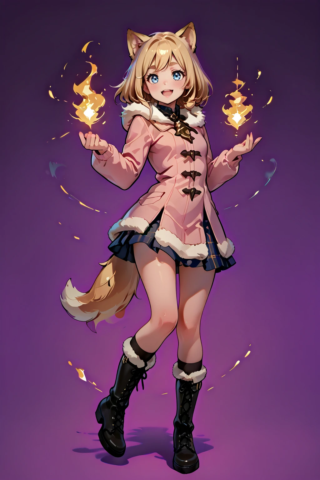 masterpiece, best quality, 1girl, <lora:spgbfVajraXL-05:1> vajrabs, dog tail, white hair flower, breezy sailor collar, red neckerchief, breezy white shirt, yellow jacket, pleated skirt, black pantyhose, holding, solo, standing, blue fire, candle, cat, crossed bandaids, crown, fire, full body, jack-o'-lantern