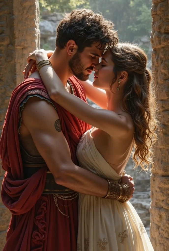 Greek God Superhero saving a beautiful woman, detailed hairstyle, detailed background, shallow depth of field, photorealistic, cinematic light