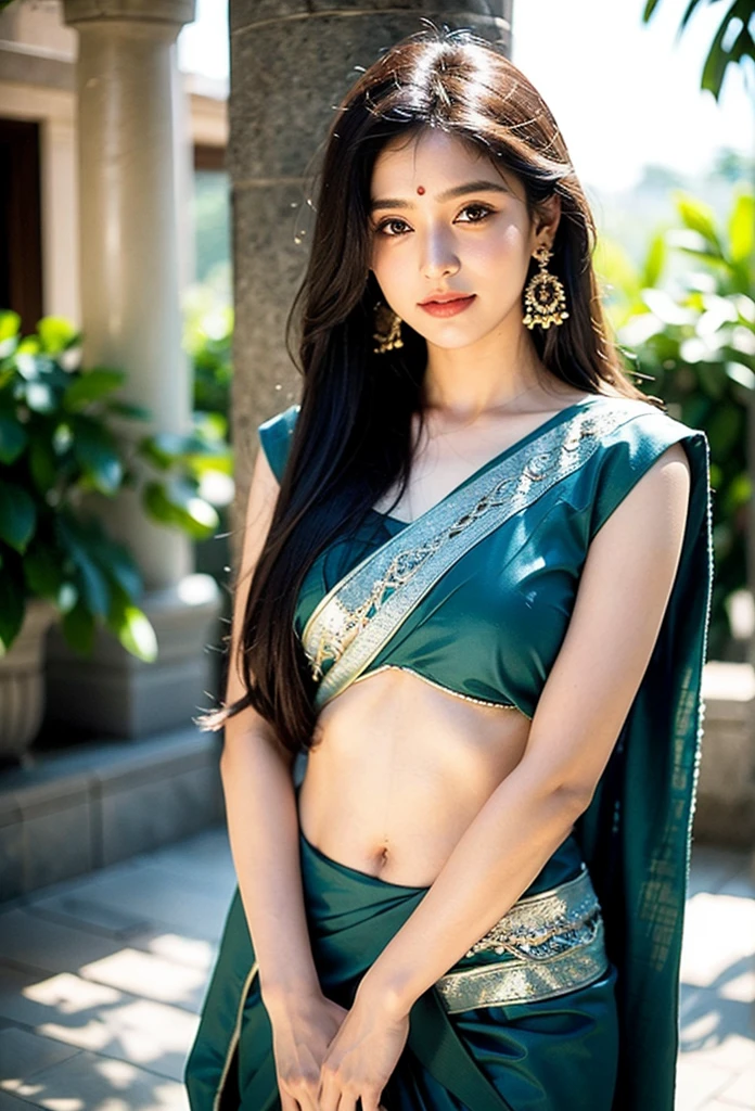 a young Indian woman of extreme beauty, com longos cabelos negros e olhos verdes