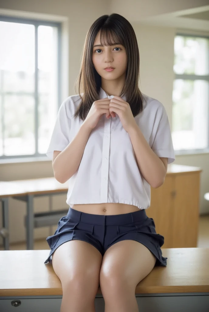 alone、expensive school girl、Natural body shape、White skin、Natural Makeup、Black Hair、bangs、Straight Long Hair、Lift up the skirt、expensive 、Navy Pleated Skirt、Please sit down、Spread your legs、Big Breasts、Small size pure white panties、((The upper body is wearing a uniform))、School classroom、Looking into the camera、White socks、Black Loafers、Full body photo、Embarrassed look、Embarrassed expression、Topless、Nipples sticking out