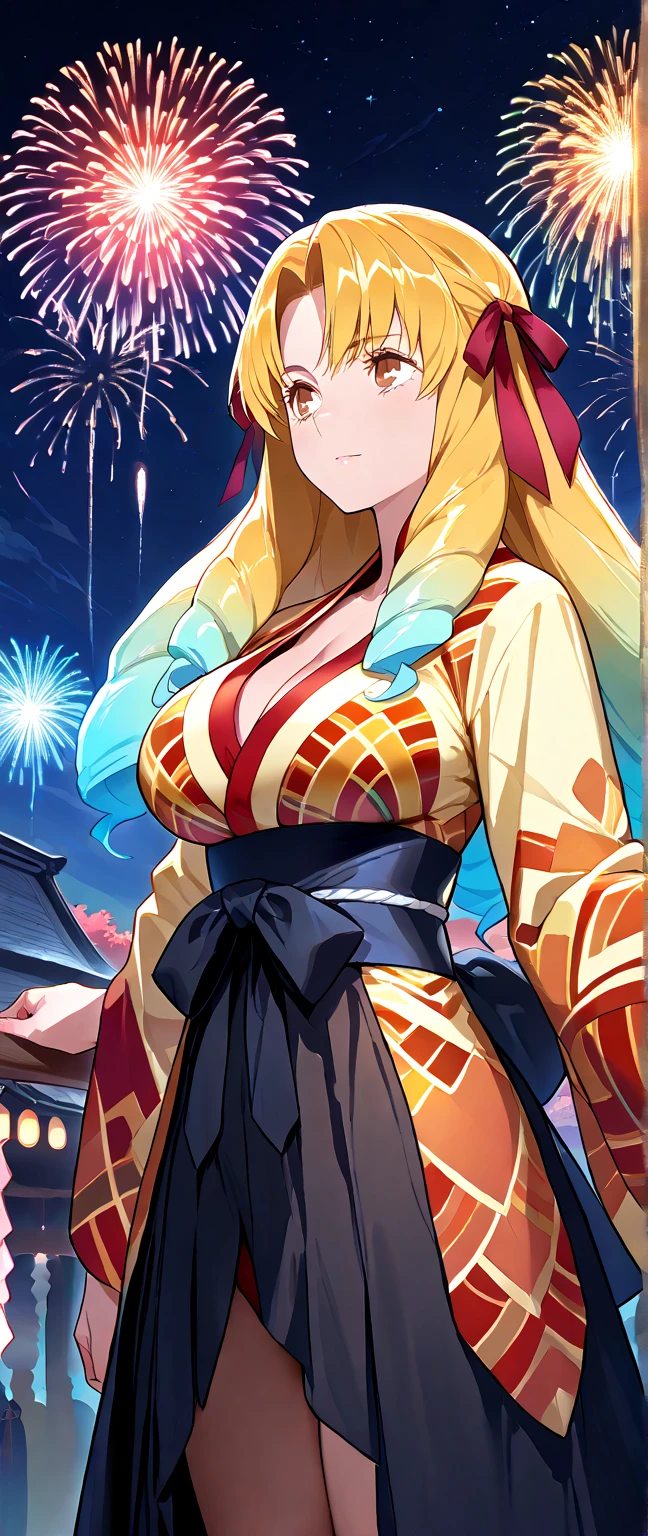A portrait of a radiant adult woman with a warm smile directed at the viewer, she have nine "vulpine tails", Her long blonde hair is straight(frensh braid)(hair red flower)((hime cut)),"Her hairs are hidding her ears", Her eyebrows are small and refined, captivating purplish-blue eyes with bold red eyeshadow applied generously at the bottom of her eyes, Her facial features are delicate and finely shaped with a small refined nose and full lips, large and tall fluffy fox ears in vibrant orange with black tips, no clevage, Woman body set big breasts((accentuated large hips)), perfect body, She wears a wide traditional blue yukata adorned with intricate floral patterns(blue yukata),the background features a vibrant Chinese New Year celebration, lanterns, fireworks, traditional decorations, beautiful scenery,(Masterpiece, best quality, ultra-detailed),8k ultra-detailed features
