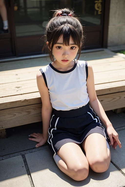 Japanese,Beautiful girl at 6 years old:1.85,Baby Face:1.85、Ultra-flat chest:1.85、Ultra short height、An innocent smile,cute,Primary school students,女子Primary school studentsの私服,Summer clothes、clavicle、Black Hair、Nipples are visible、Inside the kindergarten、Childish、short hair、Spread your legs as wide as possible