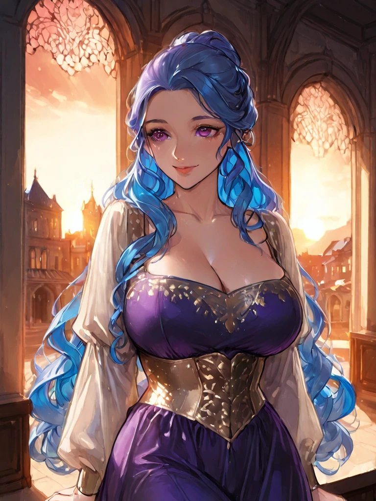slim waist, slender torso, big pouty lips, coy smile, lips parted, blushing, almond-shaped-eyes, 4k, 8k ), ((wide hips, thick thighs)), huge breasts, boob squish, sitting on silk couch, backlit, looking at viewer, low camera lens shot (masterpiece), (best quality:1.2), absurdres, intricate details, (highly detailed skin:1.2), ((luminous)) (((vivid bold color))) ((cinematic presentation)), long curly hair, blue eyes, (((SOLO))), (((CLEAVAGE))), long braided ponytail, crystal ball on table, gypsy clothes, fortune teller, gold jewelry, silk pillows, bare shoulders