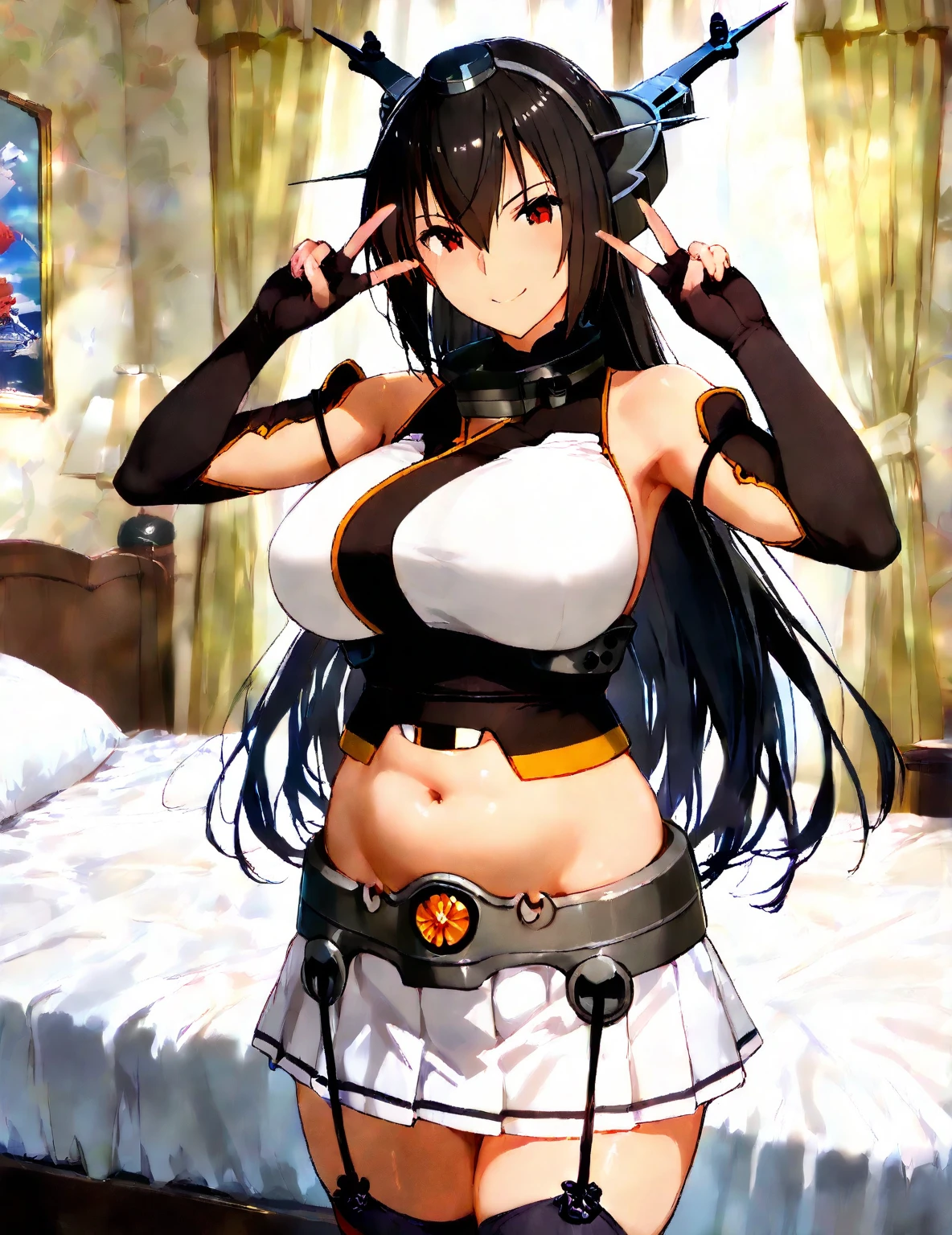 (Masterpiece), best quality, expressive eyes, perfect face, dark skin, (underboob), (upskirt), (white thong), (mini skirt), beauty marks, (white crop top), black skirt, long hair, (red eyes), looking at phone, (gyaru:1.2), lollipop, (slutty attire), (round breasts), (bubble butt), (wide hips:1.1), (slim waist:1.1), (thick thighs:1.1), (detailed face and eyes:1.2), (detailed hand and finger:1.2), (medium breasts:1.2), (busty), (deep cleavage:1.2), (labia outline:1.3), (hard teat:1.3).