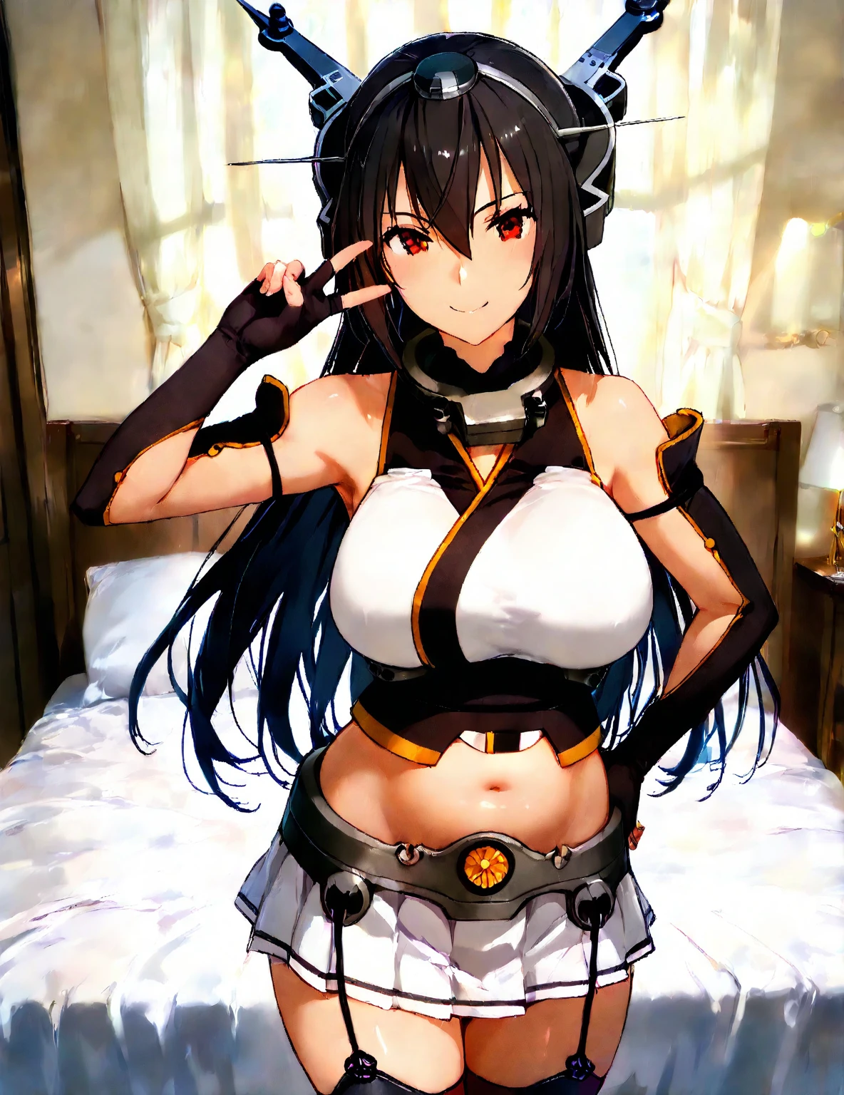 hyper detailed, perfect anatomy, best quality, extremely delicate, extremely detailed, cool,1 girl, Nagato(kancolle), long hair, headgear, dark hair, hairband, collar, bare shoulders, crop top, elbow gloves, fingerless gloves, black gloves, midriff, pleated skirt, white skirt, garter straps, thighhighs, muscle, muscular abs, six pads, with a black cat, night sky, stars, milkyway, sea, wave,