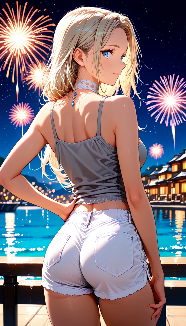 (anime style),masterpiece, best quality, extremely detailed,from side,from directly below,tanned skin,15year old,dark skin Beautiful body,bouncing_breasts,BREAK,bwet hair,for head,BREAK,smile face,lick one's lips,half open mouth,eyes half open,sensual face,detailed lips,BREAK,red ribbon,BREAK,frilled swimsuit,navel,slit down the side,break,head tilt,private room,coquettish pose,Detailed crotch,motion lines,girl on top,stomach to stomach,1faceless man,interlocked fingers,firework
