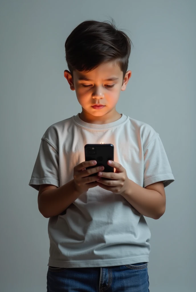 create an image of a boy looking at a cell phone, fantastic realism