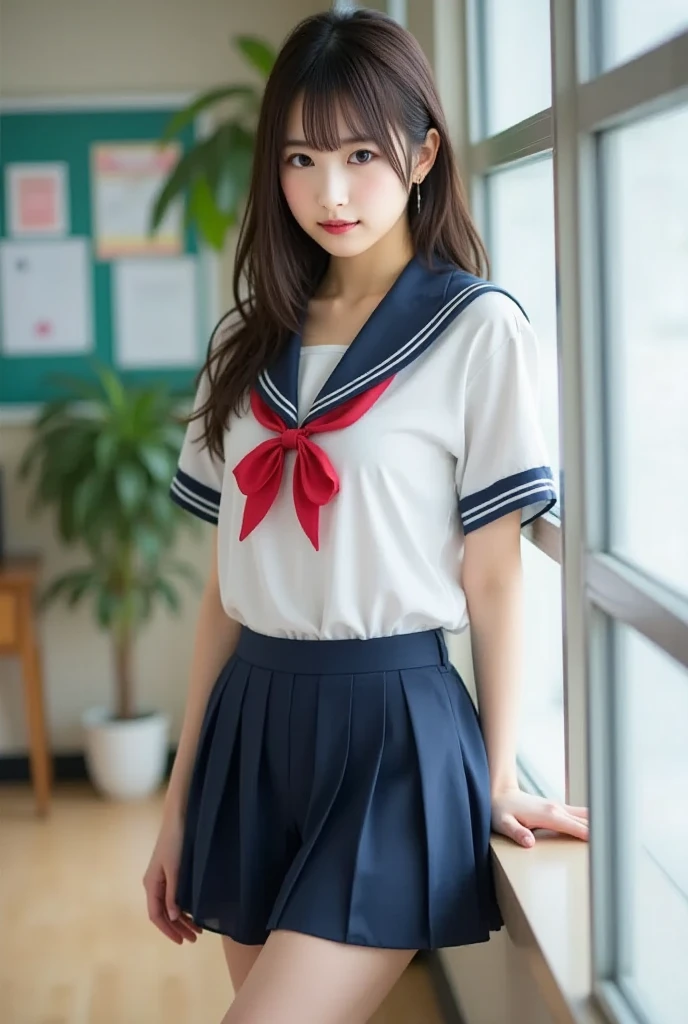 Highest quality　Japanese　Cute high school girl　uniform　mini skirt　Beauty　Real People　Face looking at the camera　smile　Sit on a chair