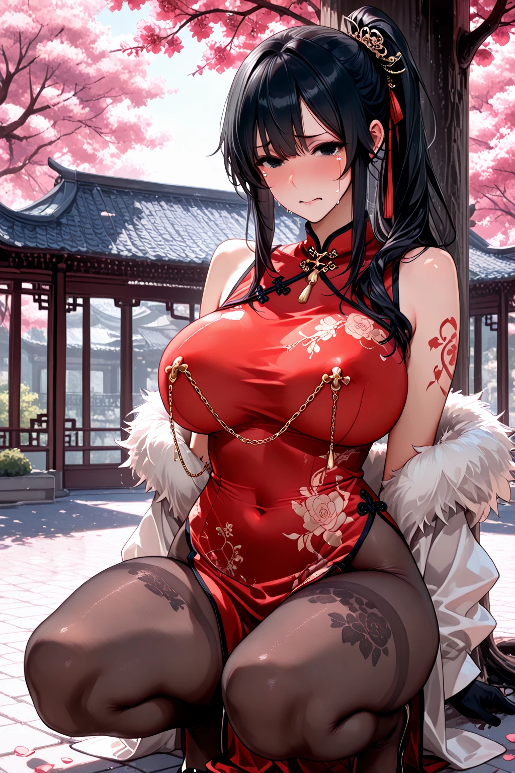 Anime style, beautiful girl , Oiran style hair
Ninja Suit in semi-transparent, all behind semi-transparent lace, cover face, sexually alluring.
extremely long katana,  sexy pose.
Lot of bondages
Kneeling, submissive, obedient	
Background is a Japanese style garden.
