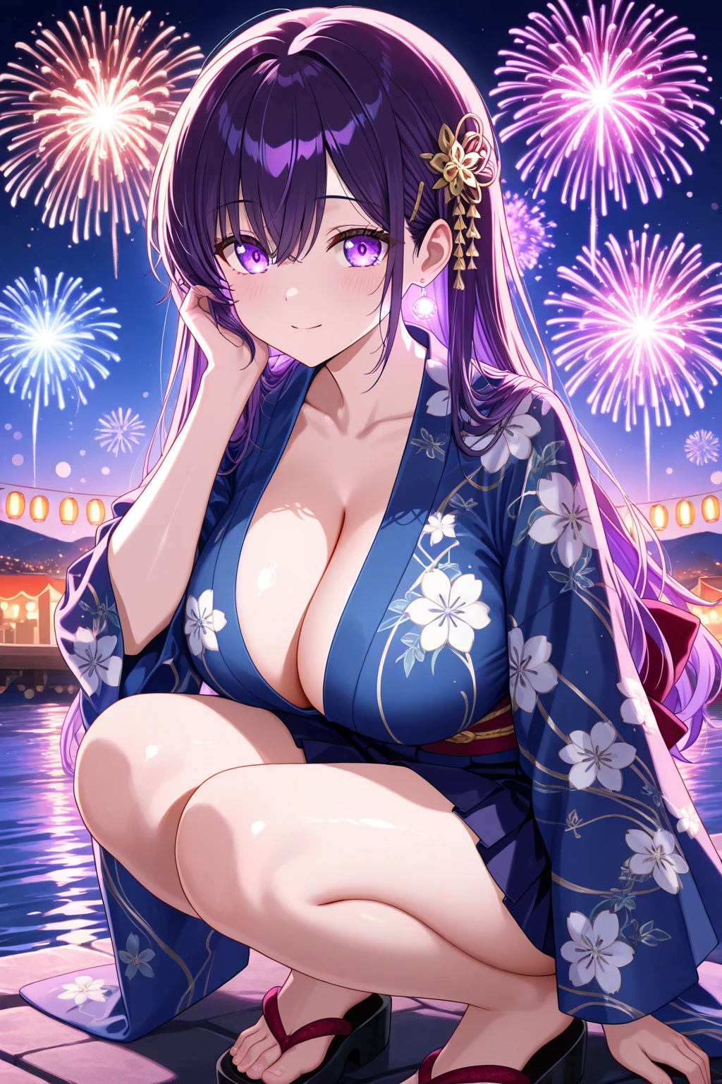 1 girl、dark blue hair、long hair down to the waist、dark blue eyes、cute、blush、night、along the river、Fireworks Festival、white yukata、she、big breasts、opened clothes