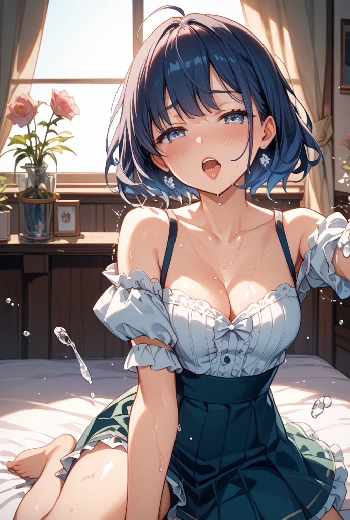 (dynamic angle:1.3, front view:1.1, breast focus:1.3, from below:1.2), (dynamic posing:1.5, sexy posing:1.3, leaning forward), (seductive smiling:1.3),masterpiece, 1girl, (pointed chest:1.3), cleavage:1.1,(double breasted:1.2,under bust:1.2), Amazing Cleavage:1.3, thin waist, big ass, Raised sexy, big breast: 1.2 posed cleavage:1.2、solo, looking at viewer, open mouth, have a grass of beergrass,black hair, blue eyes, bare shoulders, jewelry, collarbone, sidelocks, hairband, earrings, indoors, red off shoulder sweater dress, arms behind back, short hair with long locks, blue white hairband, big side hair, very long side hair is rendered in (masterpiece: 1.2, best quality), with (ultra high resolution) and an exquisite (depth of field). This masterpiece is not only visually stunning but also tells,A scene of cooking in the kitchen
