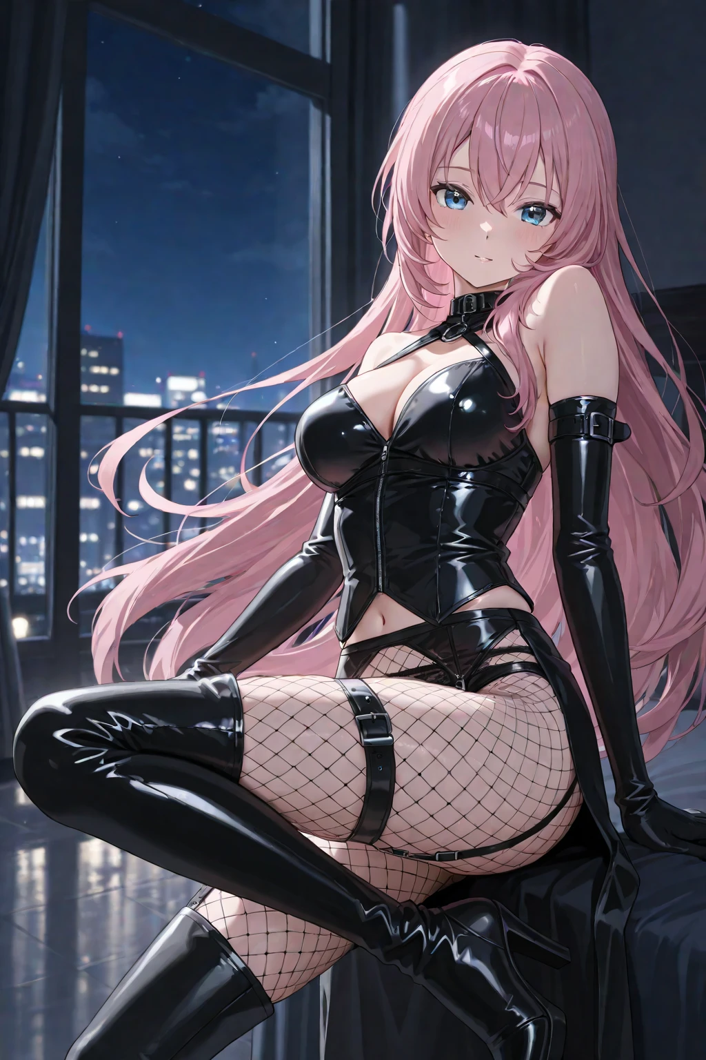 (Photorealistic:1.8, highest quality:1.8,8K masterpiece:1.8,High resolution,Mastepiece:1.8,RAW Photos,Cinematic lighting)、
(Concept Art、Official Art、whole body)、(three views:1.3)、Virtual YouTuber 1 Female、Dark pink hair、Voluminous wavy twin tails、Blunt bangs、Straight bangagenta slanted eyes、tooth、Thick eyebrows、Black nails、((Big Breasts))、Sexy uniform showing the underside of the chest）、(((Underlim and long legs、Black Dress、Bare shoulders、((Lots of earrings))、Long black fingerless gloves、Goth Girl、(Fishnet tights、Gothic print:1.25)Girl dressed in black and white、Goth Girlの服を着た女の子、Big Boots、High heels、Girl wearing black leather garter belt、(Multiple leather straps、Iron chains attached to a ring:1.125)、((Devil&#39;s Wings and Devil&#39;s Tail))、Simple Background、Highly detailed fine art、(Beautifully detailed eyes and face)、Delicately depict facial features