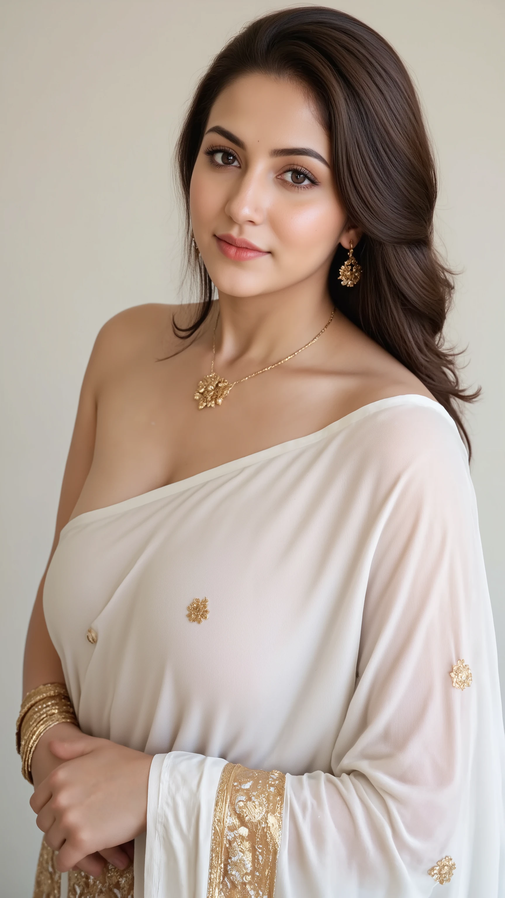 A beautiful girl with black hair in white saree with some gold ornamental .