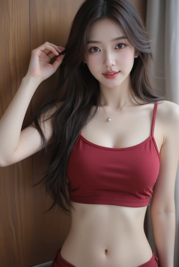 1 very pretty girl, innocent,  hair prices, hair brunette, Red crop top, short shorts, sorrizo innocent