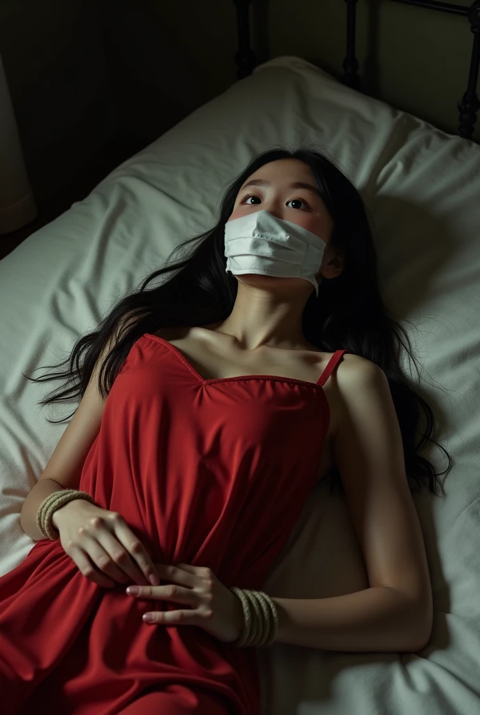 (best quality,4k,8k,highres,masterpiece:1.2),ultra-detailed,realistic,woman,detailed eyes and face,long eyelashes,beautiful detailed lips,extremely detailed eyes,closed eyes,dark hair,wild curly hair,dark makeup,bright red lips,tight web bondage,black silk cocoon,struggling woman, entangled,desperate expression,
shadows,low key lighting,surreal atmosphere,soft focus,erotic art,visual tension,claustrophobic,feeling trapped,delicate silk threads,close-up view,detailed skin texture,dramatic pose,dynamic movement,subtle color tones,limited color scheme,dramatic contrast,emotional intensity, shiny tape gag