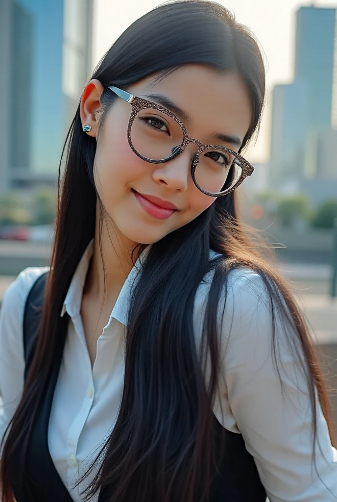 Girl with small eyes in the shade of glasses,Laugh happily,The back is surrounded by many flowers