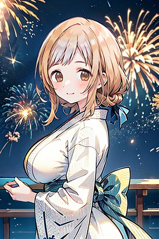 best quality, masterpiece, highres, solo, {yukata:1.40}, {kimono:1.20}, {kotori_bluearchive:1.15}, blonde_hair, ahoge, breasts, red_eyes, halo, glasses, open_mouth, braid, large_breasts, blush, short_hair, smile, twintails, cheerleader, cleavage