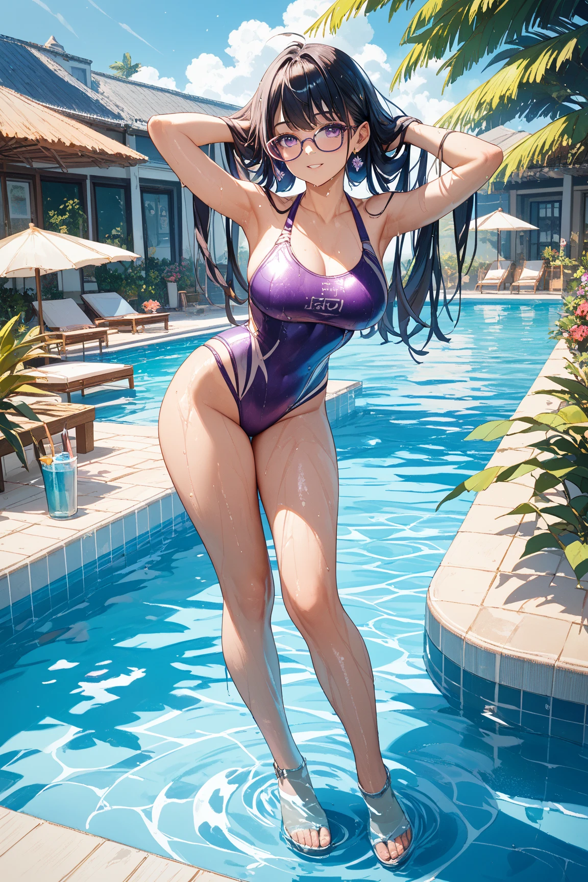 1lady, 1lady, low-tied medium hair, brown school swimsuit, clavicle, cleavage, bare arms, bare thighs, BREAK, from behind, legs apart, kneeling, leaning forward, ass focus, cowboy shot, looking at viewer, light smile, detailed school swimming pool, daytime, blue sky, BREAK, best quality, high quality, absurdres, ultra detailed, beautiful detailed face, beautiful moist multicolored eyes, all intricate, high resolution, HDR, extremely detailed CG unity 8k wallpaper, nice hands, perfect hands,
