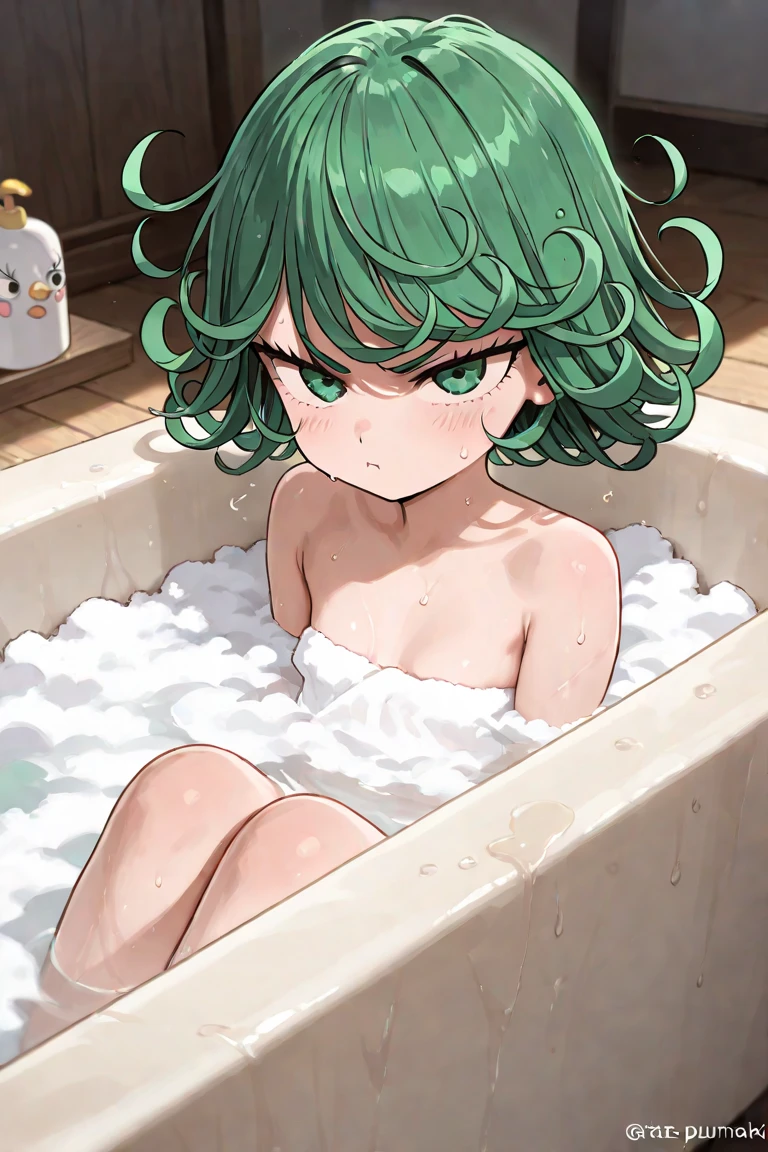 masterpiece, best quality, Tatsumaki, toned, looking at the viewer, raised bath towel, in the bathtub, sun, tiny bath towel, no panties (green eyes: 0.6), post-sex, excessive cum between legs and thighs, small breasts, nipple-stiff
