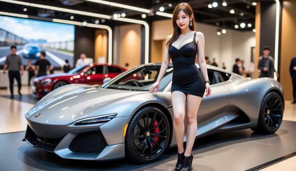 (Highest quality,4K,8k,High resolution,masterpiece:1.2),Super detailed,(Realistic,Realistic,Photorealistic:1.37),whole body:1.3,(Photorealistic:1.37),(Japanese,woman),(Large Breasts),cute,Perfect white skin,Slim and toned body,Medium Hair,Wear stylish and elegant dresses,Asserting yourself confidently in front of a racing car,Showcasing the perfect combination of beauty and automotive craftsmanship,Filmed at a car race track