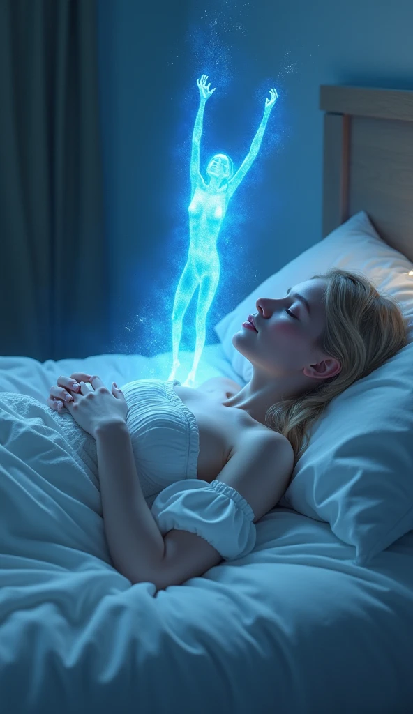 Create a realistic image of a woman by performing an astral projection. Where the mind leaves the physical body.. The woman is lying down and her mind leaves her physical body...
