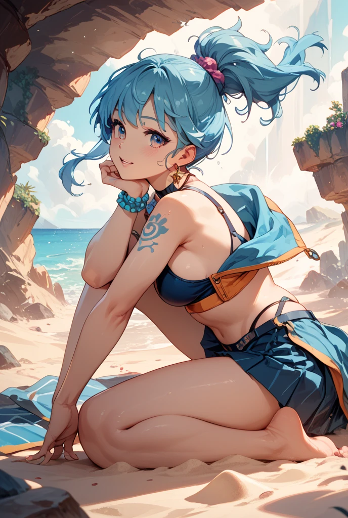 best qualityer,tmasterpiece,Ultimate resolution,downy,Extremely colorful,Colorful,waters,Sexy beauty,Short blue-green hair,blue bikini,huge tit,Crop topping,short skirt,Bare legged,Sit on your knees,Barefoot,Blue manicure,Normal posture