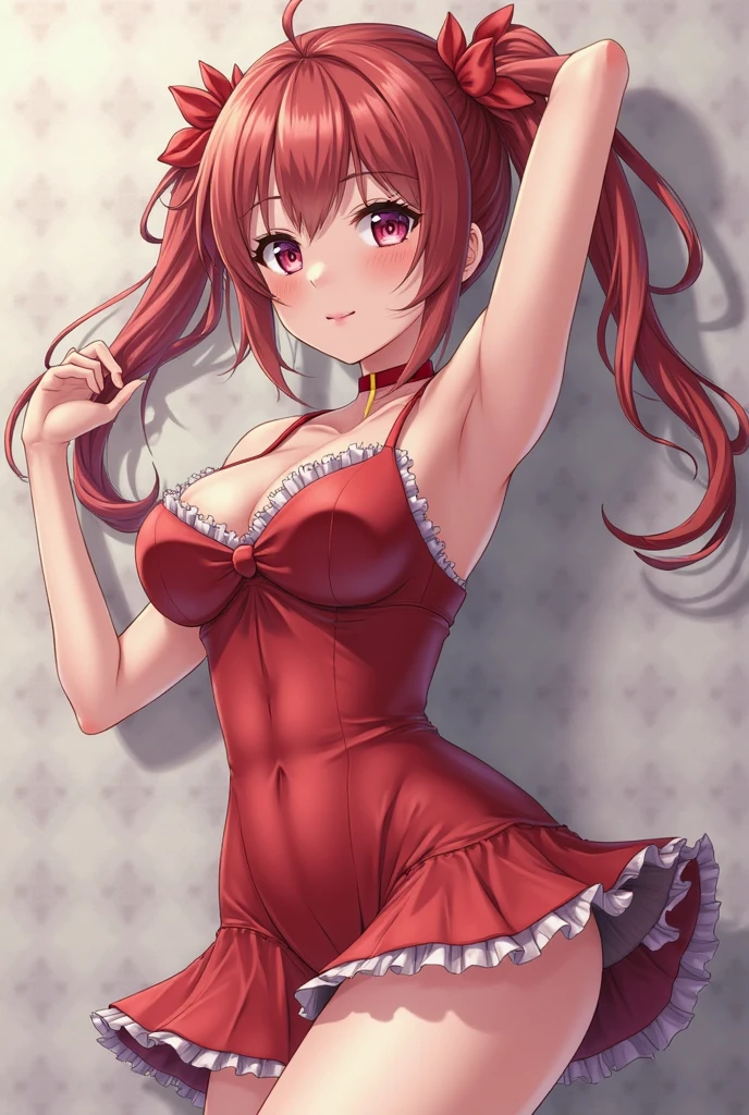 (masterpiece), highest quality, high resolution, illustration, game cg, asahina mikuru, detailed eyes, perfect face, red strapless leotard, detached collar, wrist cuffs, fishnets, bunny ears,