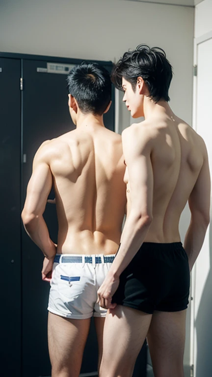 2boys, vietnamese male, two young hot handsome muscular boys, wearing sexy dark olive green small micro thongs, well-endowed, massive bulges, sexy and cute, messy hair, dynamic hairstyles, detailed face, detailed eyes, big eye, smirking, playful, smug, flexing and posing cockily, smile, mirror selfie, holding his phone up in front of him, iphone photograph, dynamic poses, perfect hands, sexy and cute, realistic skin, dark skin, aesthetics, perfect hands, realistic, photorealistic, masterpiece, highest quality, perfect lightings, modern, photoshoot, award-winning photo, by Adonisjing, indoors, dormitory, height difference, different body types, different musculatures