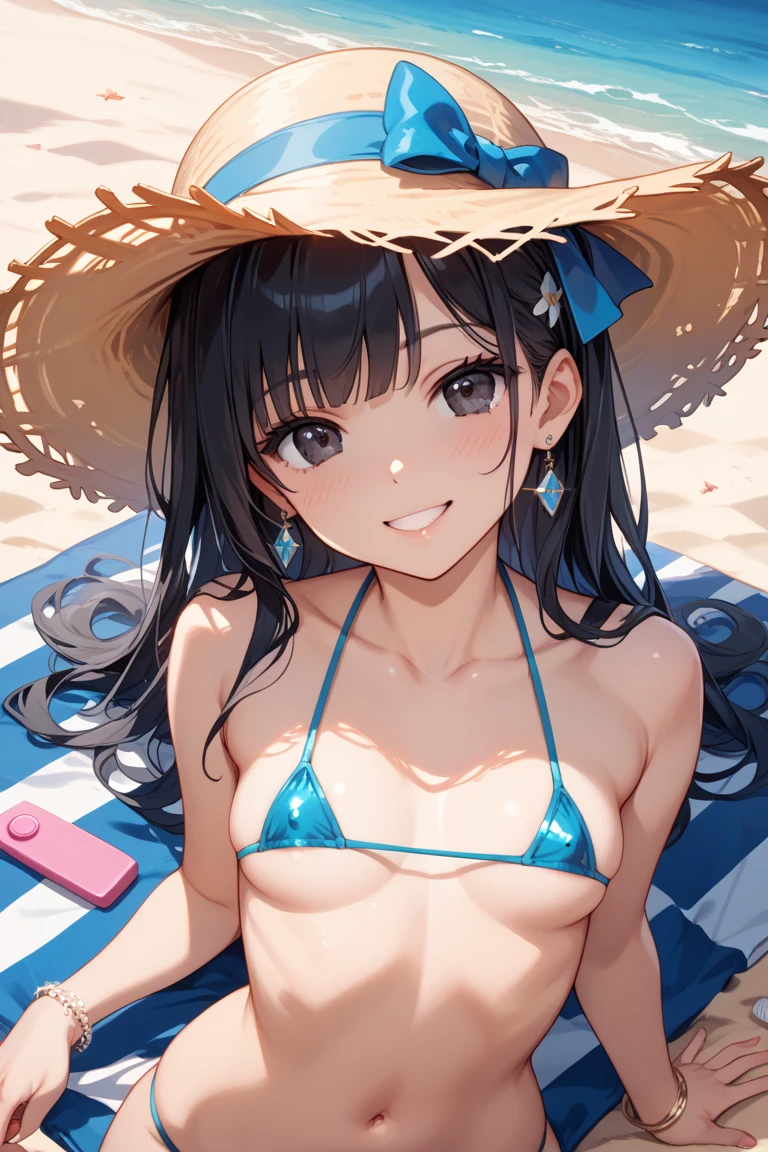 Tabletop, Highest quality, figure, Very detailed, In detail, High resolution, 8k wallpaper, Perfect dynamic composition, Beautiful attention to detail, (Sunburn scars 1.2)、(Squatting and spreading legs in an M-shape、Micro Bikini 1.2)、Sandy Beach、 Natural color lip, Random sexy poses,smile,
