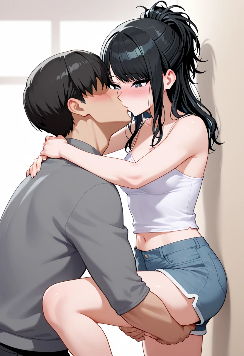 1boy, 1girl, medium hair, bathroom, black hair, breasts, pencil skirt, tight dress, huge breasts french kiss, saliva, closed eyes, hetero, indoors, kiss, (saliva), curly hair, straddling, (girl on top), grinding, sitting on the chair, from above, (spoken hearts), thick thighs, sideboob, cleavage, <lora:straddlingKissLora_v10:0.6>