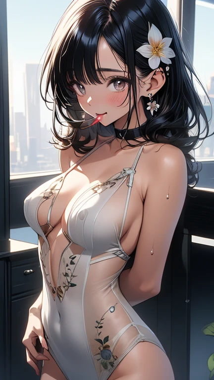 (best quality,4K,8k,high resolution,masterpiece:1.2),super detailed,(actual,realistically,realistically:1.37), Ultra high definition face, Close-up of a woman wearing a gray bikini top and, V-chest clothes, sexy girl, halter top, swimsuit, hot，sunny, Shanzhai Core!! fitness body, attractive body, Tik, large breasts, large , biggest breast, huge breast, Thin waist and thick hips, hourglass figure, wide pelvis, Pelvis larger than shoulder blades, fitness model, sweat, rosy cheeks
