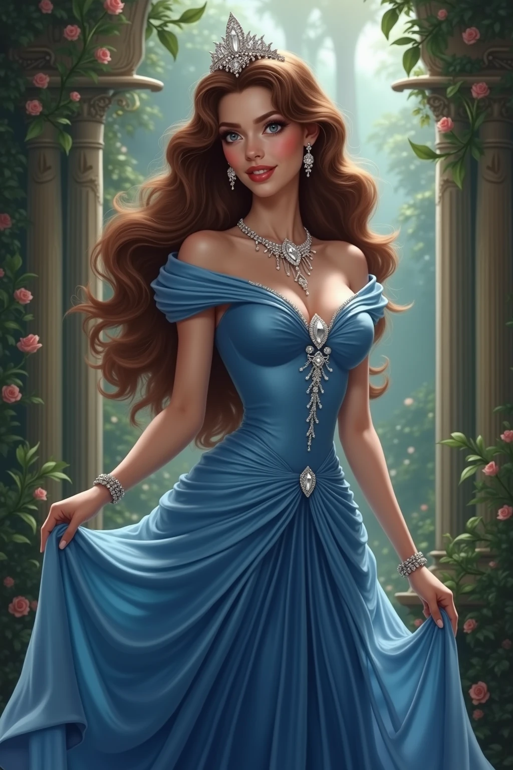 high quality, 45k, super realistic, photorealistic, detailed portrait, 1girl, asian, desi female, long dark brown wavy hair, grey eyes, thin glossy lips, light makeup, royal blue a line dress, white ankle strap pumps, posing, party club background, full length view, extremely detailed face and eyes, highly detailed skin, beautiful eyes, beautiful lips, intricate details, cinematic lighting, rich colors, dramatic contrast
