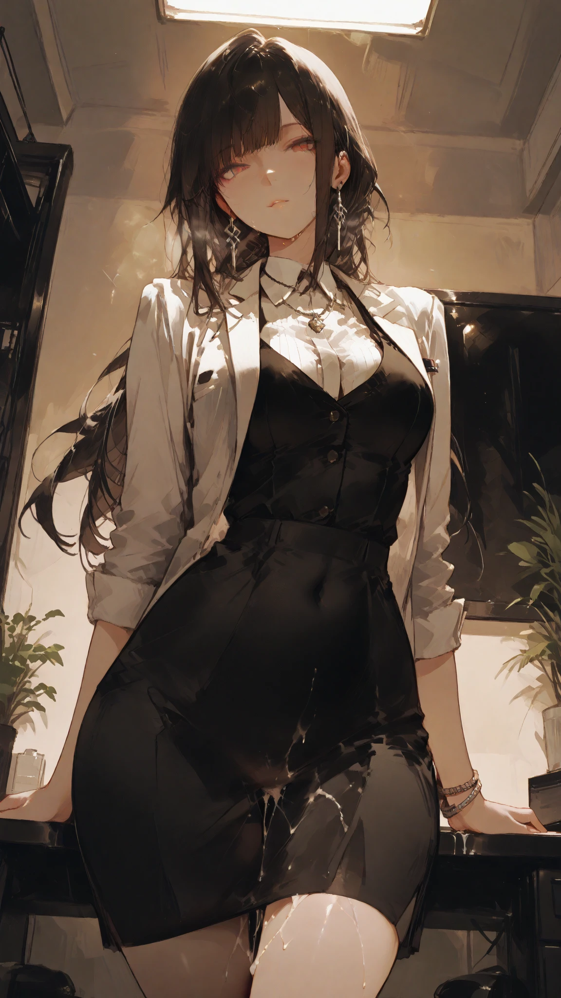 direct camera angle, mature goth babe wearing hipsters skirt, mean facial expression, look at the camera, 1woman, black hair