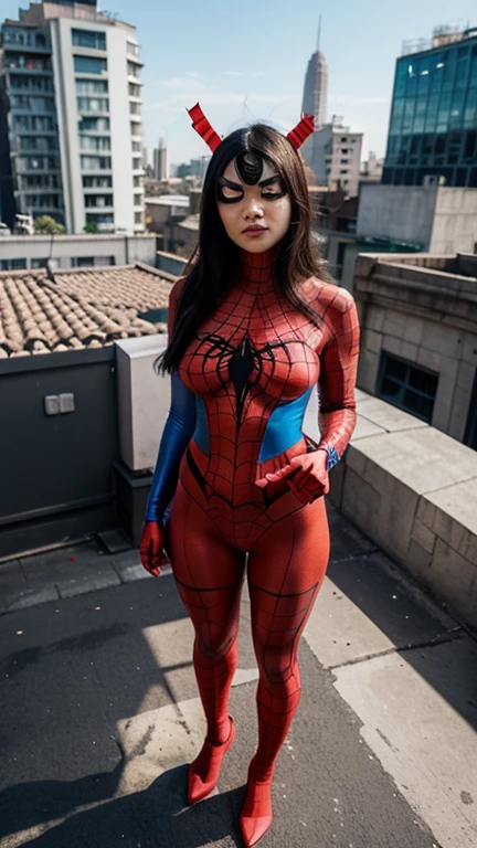 (wearing spiderwoman_cosplay_outfit:1.1), in front of a sky, 
good hand,4k, high-res, masterpiece, best quality, head:1.3,((Hasselblad photography)), finely detailed skin, sharp focus, (cinematic lighting), night, soft lighting, dynamic angle, [:(detailed face:1.2):0.2], medium breasts, outside, nay,sexy pose, showing breast, (thick), ((open costume showing boobs))
