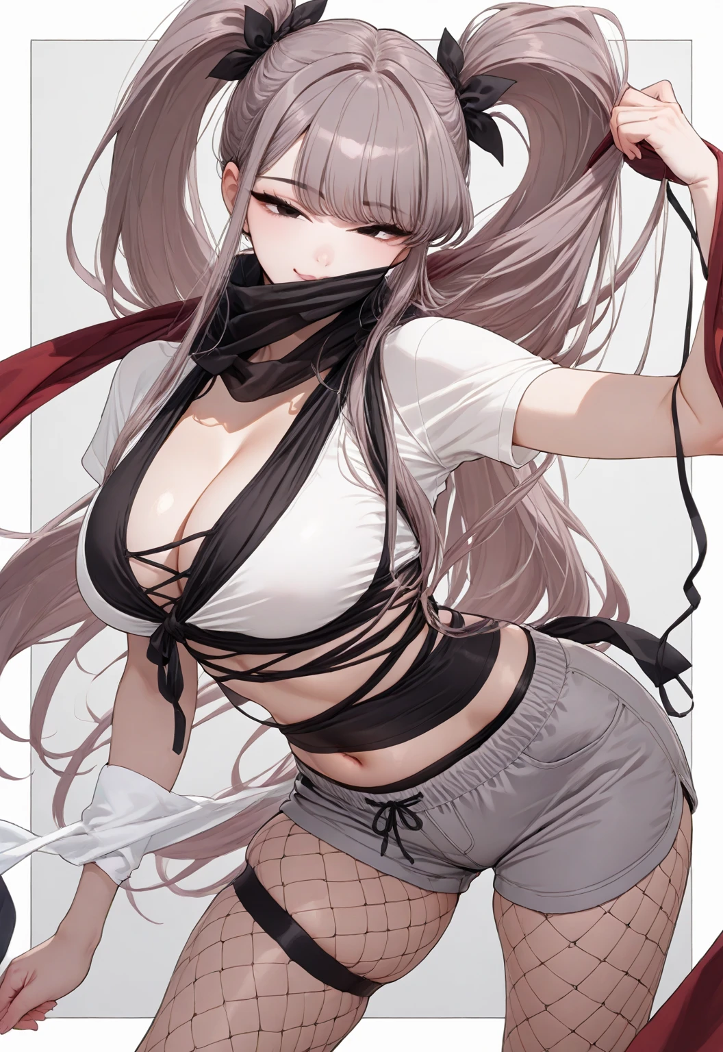 arms behind head, long_hair, looking_at_viewer, thighhighs, bow, bound, bdsm, bondage, rope, restrained, gag, shibari, bound_arms, ball_gag, shibari_over_clothes